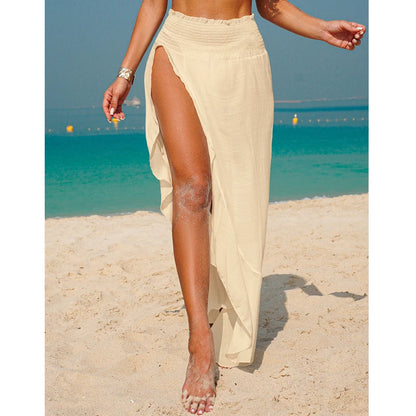 Women’s Irregular Hem Beach Cover-Up Skirt – Solid Color Side Slit Transparent Half Skirt, Casual Vacation Style