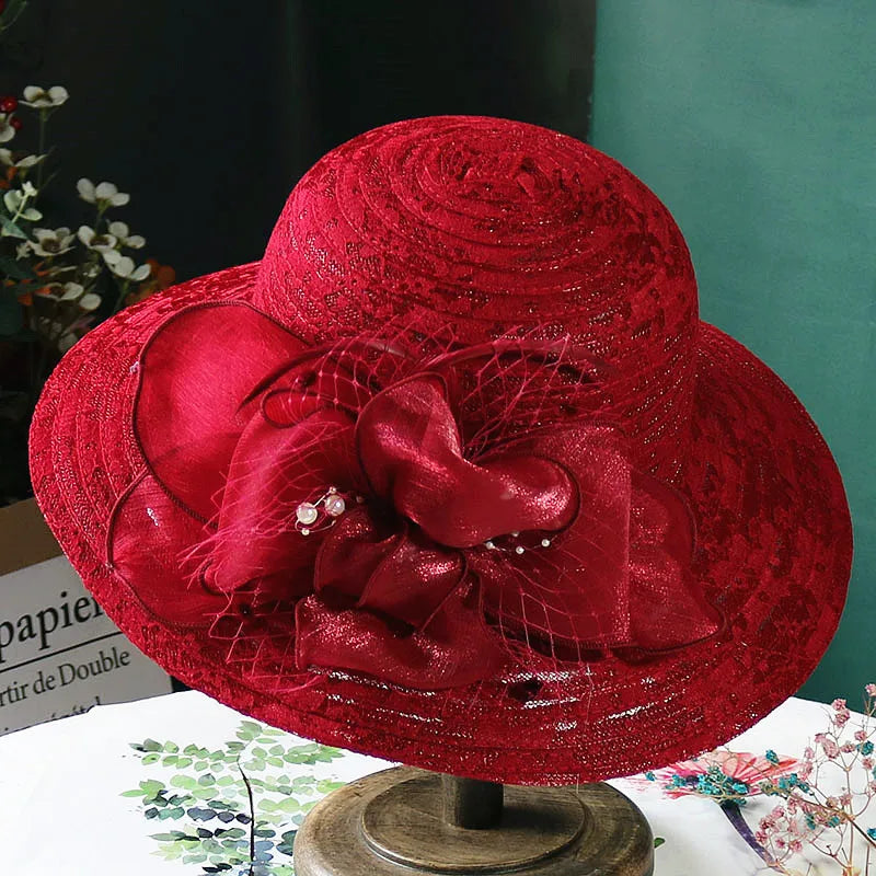 Women’s Elegant Mesh Sun Hat – Pearl Flower Foldable Beach Hat with Large Brim, Lace & Breathable Design for Spring and Summer