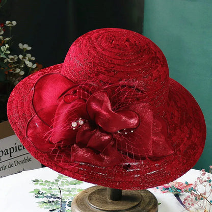 Women’s Elegant Mesh Sun Hat – Pearl Flower Foldable Beach Hat with Large Brim, Lace & Breathable Design for Spring and Summer