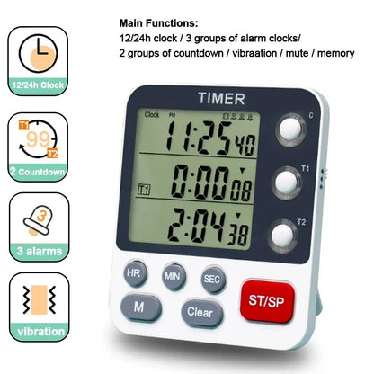 3 Channel Digital Kitchen Timer – Count Up/Down with LCD Display, Adjustable Volume & Mute Flashing Alarm