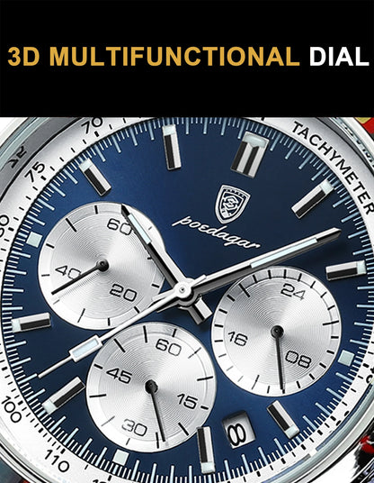 POEDAGAR Men's Luxury Sports Watch – Genuine Leather, Chronograph, Waterproof, Luminous Quartz Wristwatch