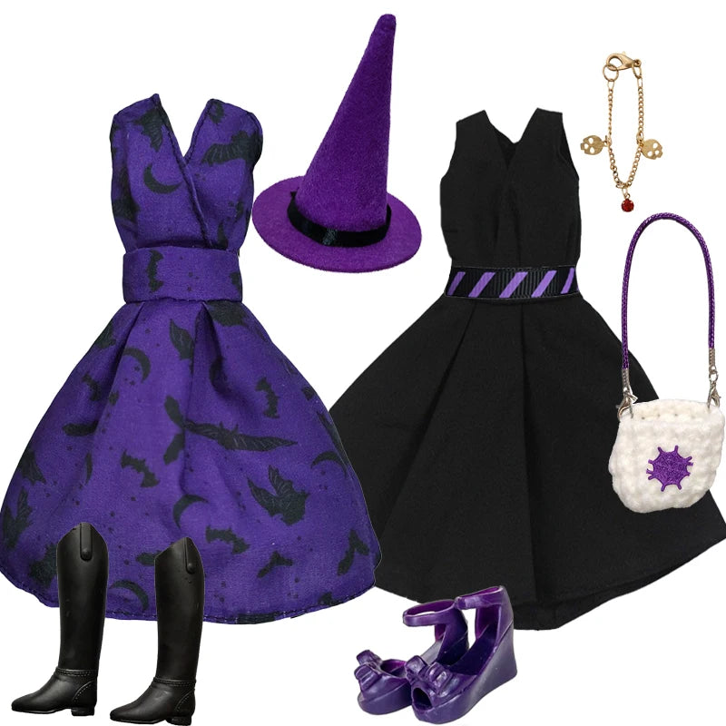 1/6 Doll Halloween Cosplay Outfit – Witch Dress, Cap, Belt, Bag & Broom for 12" BJD / 30cm Dolls