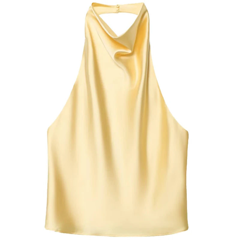 HXAO Women’s Satin Halter Top – Summer 2025 Black & Yellow Crop Tank, Off-Shoulder Sleeveless Backless Vest