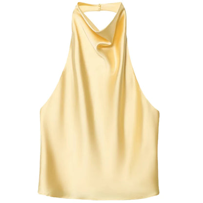 HXAO Women’s Satin Halter Top – Summer 2025 Black & Yellow Crop Tank, Off-Shoulder Sleeveless Backless Vest