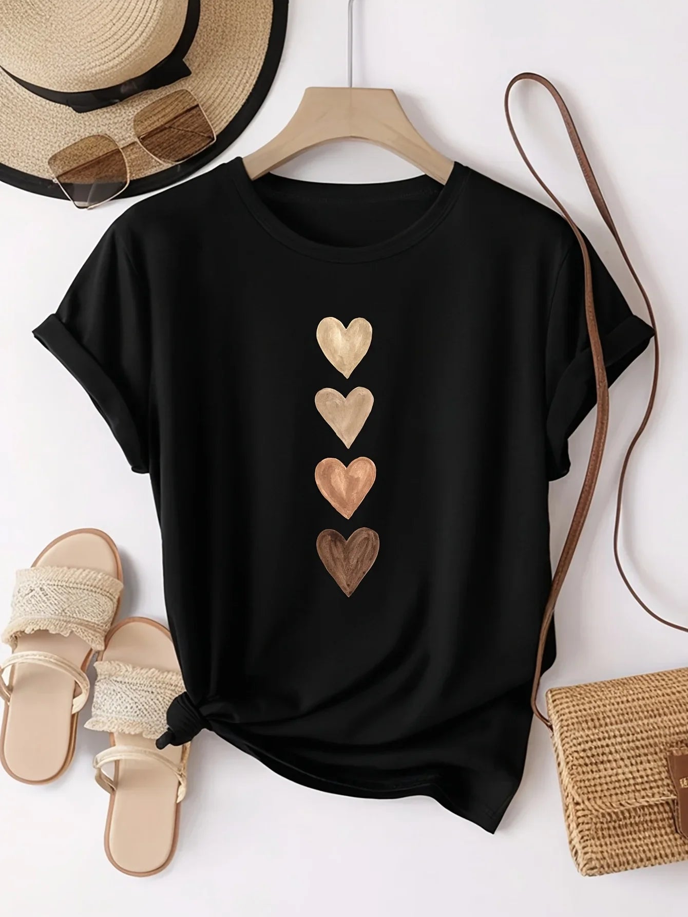 Women’s Four Heart Graphic T-Shirt - Casual Short Sleeve Round Neck Stretch Tee in Black & Gold Print