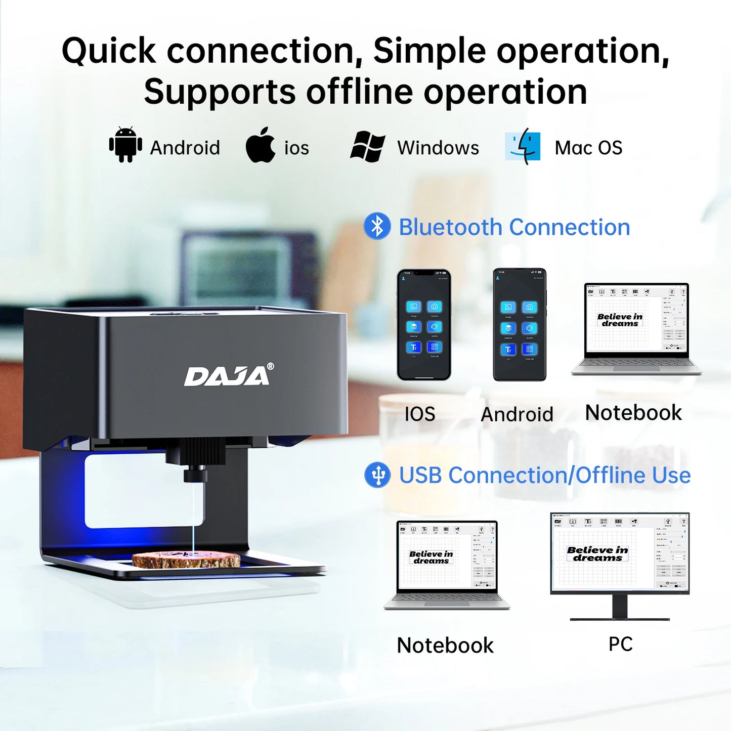 DAJA DJ6 Mini Portable Laser Engraver – DIY Bluetooth CNC Engraving Machine for Wood, Leather, Plastic, Paper & Metal Dog Tags, Logo Printing Tool