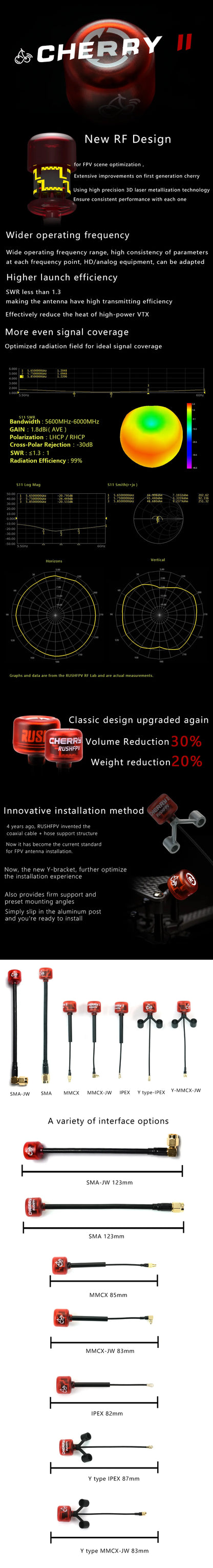 RUSHFPV Cherry 2 II 5.8G FPV Antenna — LHCP/RHCP SMA UFL IPEX MMCX for Freestyle Analog & Digital Drones