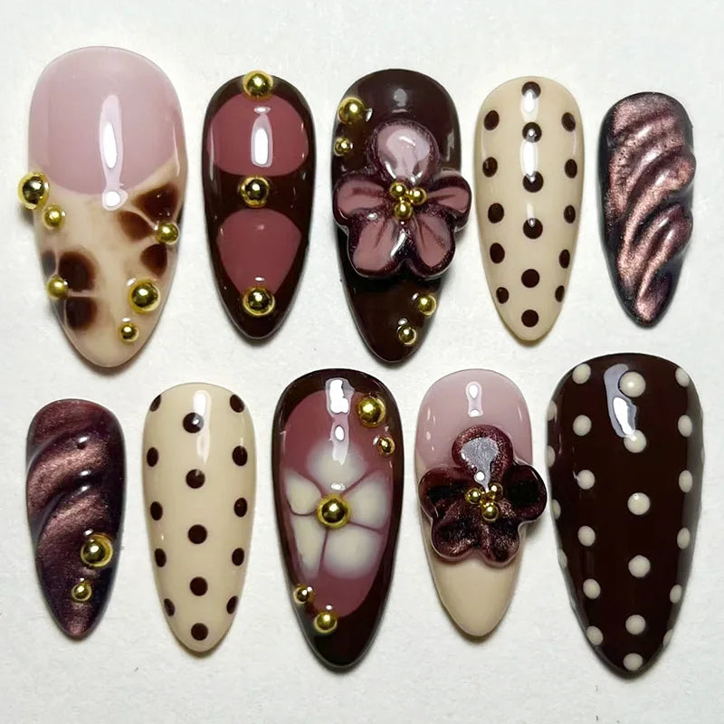 24PCS Strawberry Bow Press On Nails - Red Short Almond Pearl Starlight Floral False Nail Art Tips