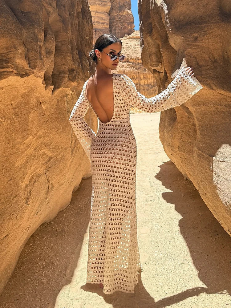 Women’s Sexy Knit Mesh Backless Maxi Dress – Bell Sleeve Summer Beach Cover Up Slim Fit Vacation Tunic Outfit 2026