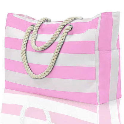 Striped Waterproof Canvas Beach Bag – Zippered Foldable Tote for Outdoor Travel and Vacation, Sand-Resistant Design