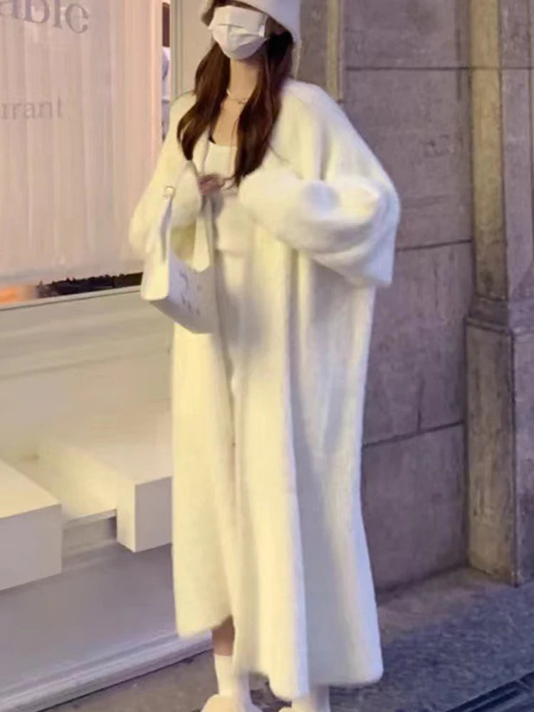 Autumn/Winter Women’s Lazy Style Knee-Length Cardigan – Thickened Imitation Mink Fleece Knitted Sweater, Warm Coat