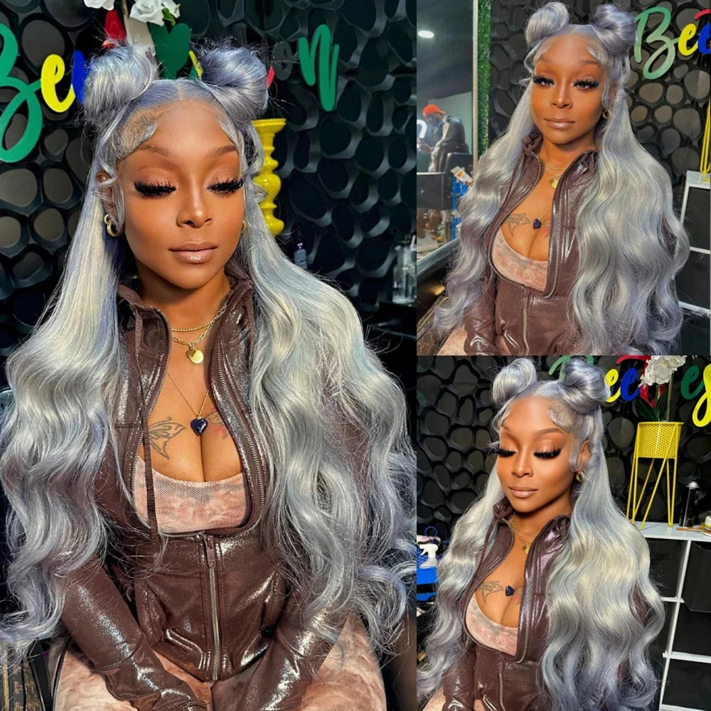 13x6 Silver Grey Body Wave Lace Front Wig – 100% Human Hair, Preplucked 13x4 Lace Frontal Brazilian Wig, 36 Inch