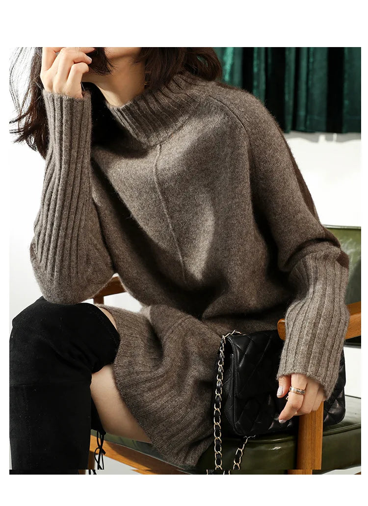 Turtleneck Knitted Sweater for Women – Autumn/Winter Warm Thick Pullovers, Wool Knit Crochet Y2K Split Jumper Cardigan