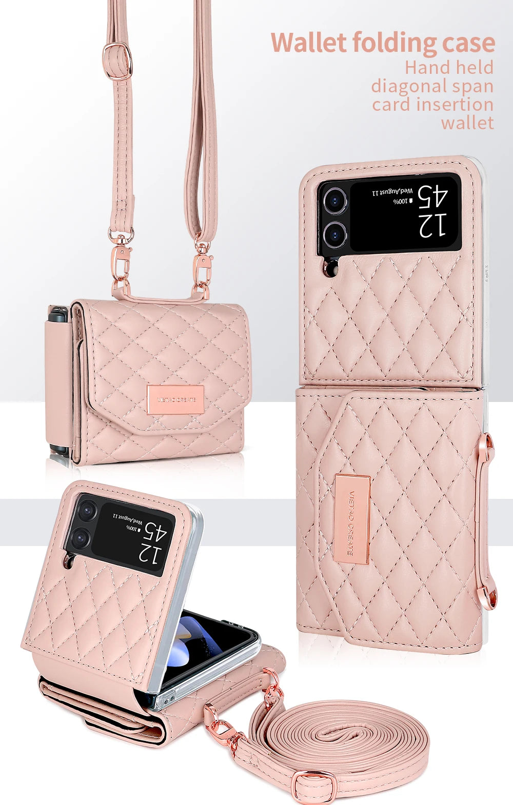 VIETAO Leather Wallet Phone Case with Crossbody Strap — Pink Purse Case for Samsung Galaxy Z Flip 3/4/5/6/7