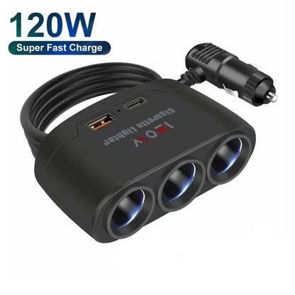 PD QC3.0 Dual USB Car Charger - 120W 12V/24V Cigarette Lighter Splitter for Phone, DVR and Dashcam