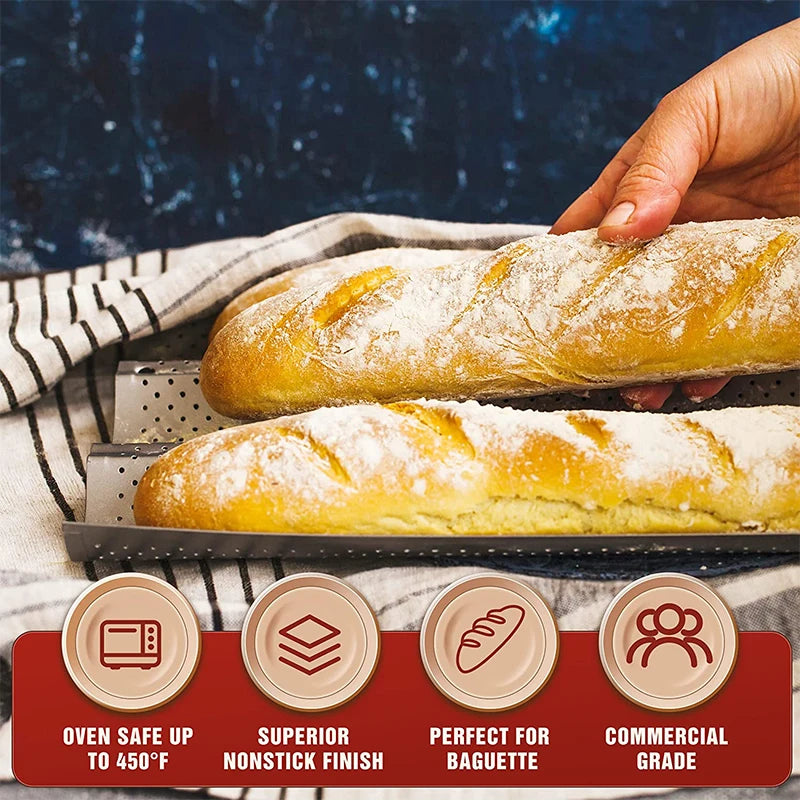 LMETJMA Nonstick Perforated French Bread Baking Pan - Carbon Steel Baguette Pan for 4 Wave Loaves, Loaf Bake Mold JT158