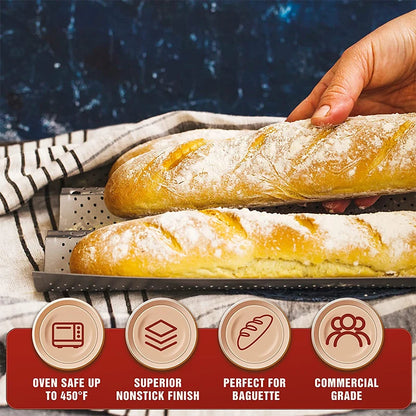 LMETJMA Nonstick Perforated French Bread Baking Pan - Carbon Steel Baguette Pan for 4 Wave Loaves, Loaf Bake Mold JT158