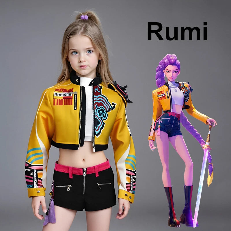 Children’s K-POP Cosplay Costume – Rumi Group Concert Outfit with Earring Accessories, Halloween Performance Clothes, Sizes 110-160