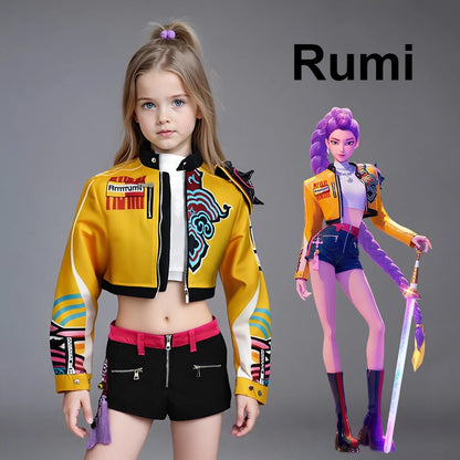 Children’s K-POP Cosplay Costume – Rumi Group Concert Outfit with Earring Accessories, Halloween Performance Clothes, Sizes 110-160