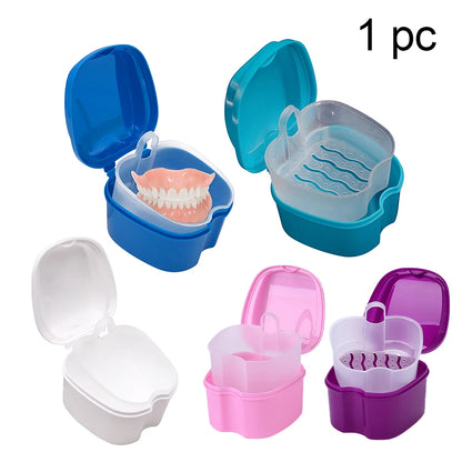 Denture Cleaning & Storage Box - False Teeth Organizer with Hanging Net for Dental Appliance Soaking and Care