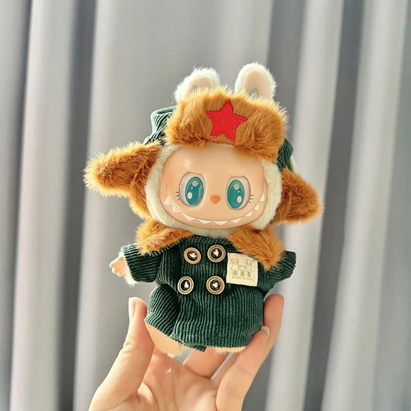 17cm Labubu Monster Doll Clothes – DIY Army Green Coat & Red Star Hat Outfit Accessories