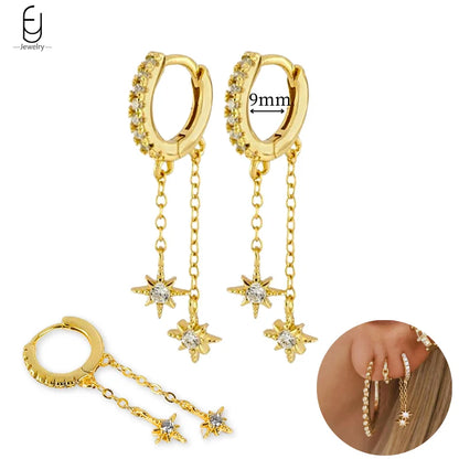 925 Sterling Silver Gold Tassel Earrings - Vintage Crystal Long Chain Hoop Jewelry for Women