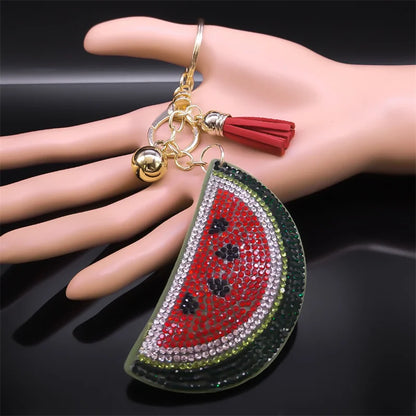 Kawaii Watermelon Crystal Keychain – Gold Alloy Leather Fruit Keyring for Women & Men, Bag & Car Accessory
