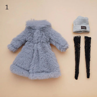 30CM Doll Clothes Set – Fashion Tops, Fur Overcoat, Knitted Hat & Colorful Lace Stockings for 1/6 BJD Doll Accessories