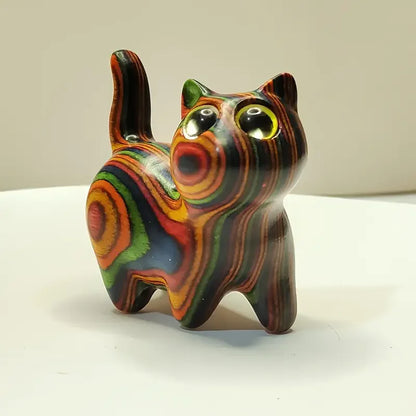 Painted Wooden Kitten Sculpture - Cute Small Cat Statue for Home, Entryway and Festival Decor