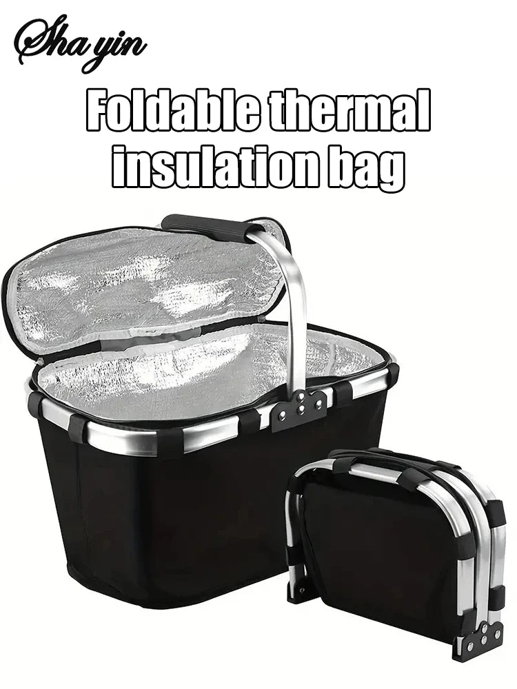 Folding Insulated Meal & Shopping Basket — Portable Handheld Cooler Bag for Outdoor Lunch, Ice Pack, and Food Delivery