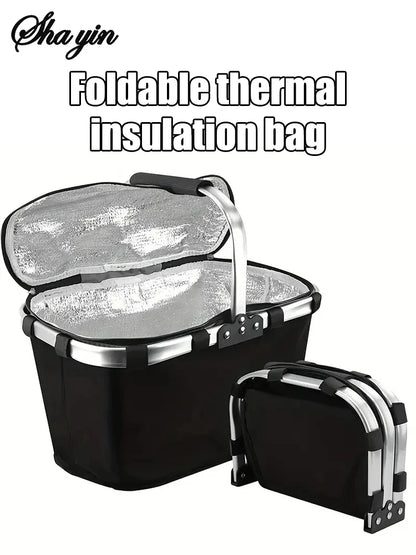 Folding Insulated Meal & Shopping Basket — Portable Handheld Cooler Bag for Outdoor Lunch, Ice Pack, and Food Delivery