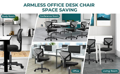 Mesh Armless Office Chair – Low Back with Lumbar Support, Adjustable Height, 360° Swivel & Wheels
