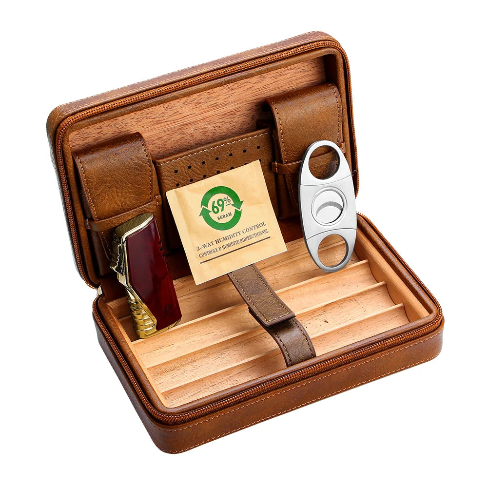 GALINER Cigar Humidor Box – Travel Leather Case with Cedar Wood Lining, Includes or Excludes Lighter, Cigar Cutter & Humidity Control Pack