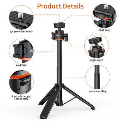 VRIG TP-08 TP-06 Tripod Stand Selfie Stick – Aluminum Alloy with 1/4 Inch Screw, Cold Shoe Mount & 360° Rotation, 1.5kg Load Capacity
