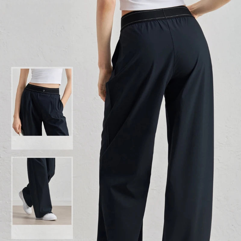 Women’s Summer Sports Yoga Pants – Wide Leg, Elastic Waist, Quick-Dry Black Fitness Trousers