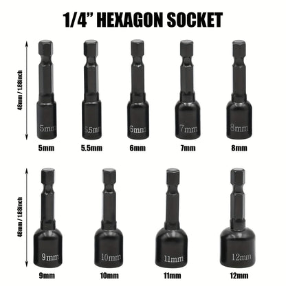 9Pcs Metric Nut Driver Set – 1/4” Hex Socket Drill Bits & Chuck Adapter Set for Electronics & Precision Tool Work