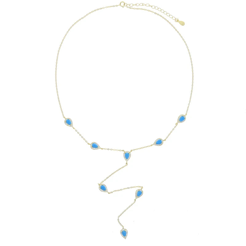 2023 Gold Plated Y Lariat Necklace - Colorful CZ Teardrop Pendant Geometric Jewelry for Women
