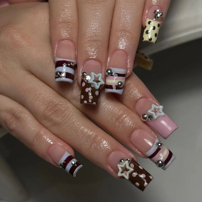 24PCS Y2K Sweet Stars Press-On Nails - Blue Brown Striped French Style Autumn Vintage Wave Point Fake Nail Set