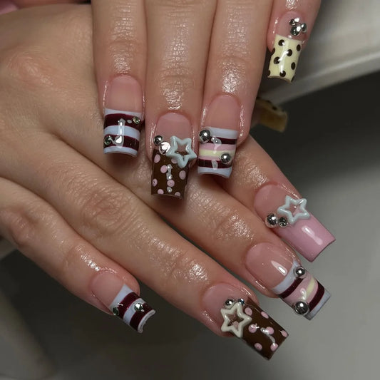 24PCS Y2K Sweet Stars Press-On Nails - Blue Brown Striped French Style Autumn Vintage Wave Point Fake Nail Set