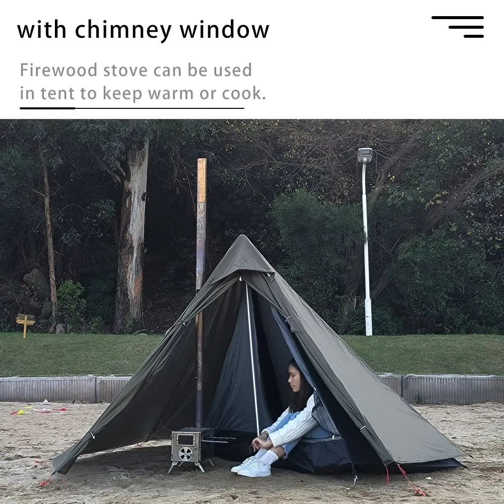 Camping Hot Tent with Chimney Window – Ultralight Tipi Teepee Pyramid Tent, Double Layer Bushcraft Shelter for 1 Person