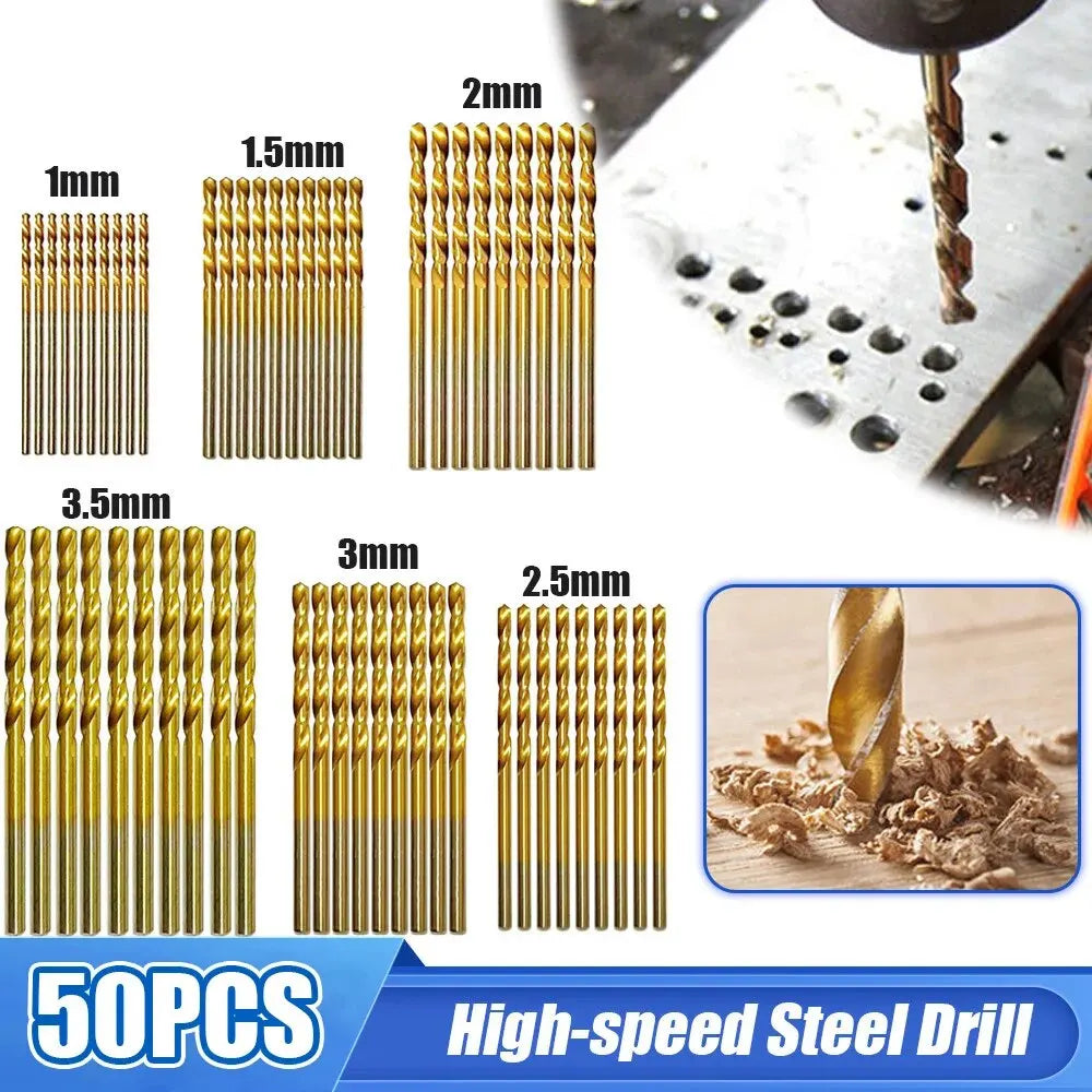 50pcs Titanium Coated Drill Bits Set - High Speed Steel Twist Bit Tool - High Quality Power Tools: 1mm, 1.5mm, 2mm, 2.5mm, 3mm