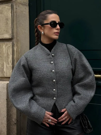 2025 Women's Burgundy Woolen Coat – Fashion Stand Collar, Puff Sleeves, Oversized Elegant High Street Jacket