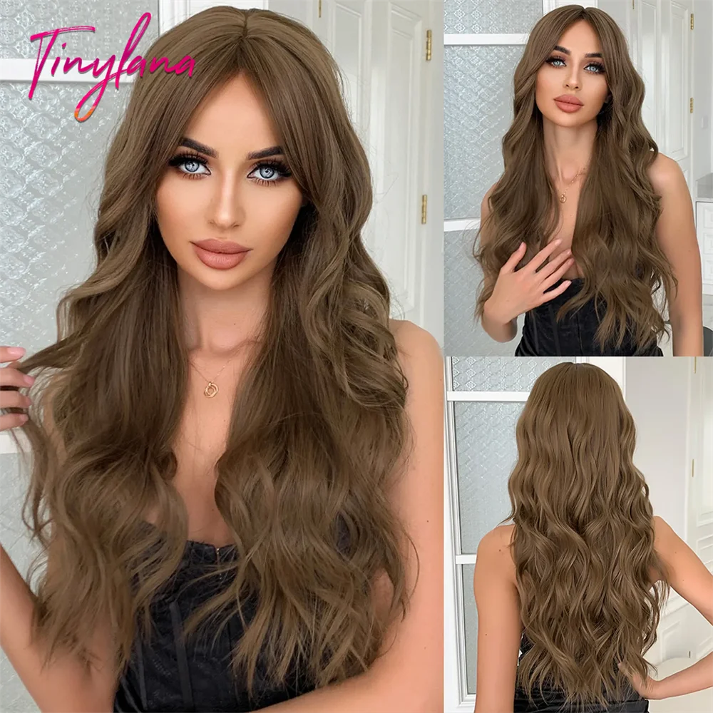 Super Long Curly Wavy Brown Synthetic Wig with Bangs – Heat-Resistant Afro Style for Cosplay, Party, Halloween, White Women