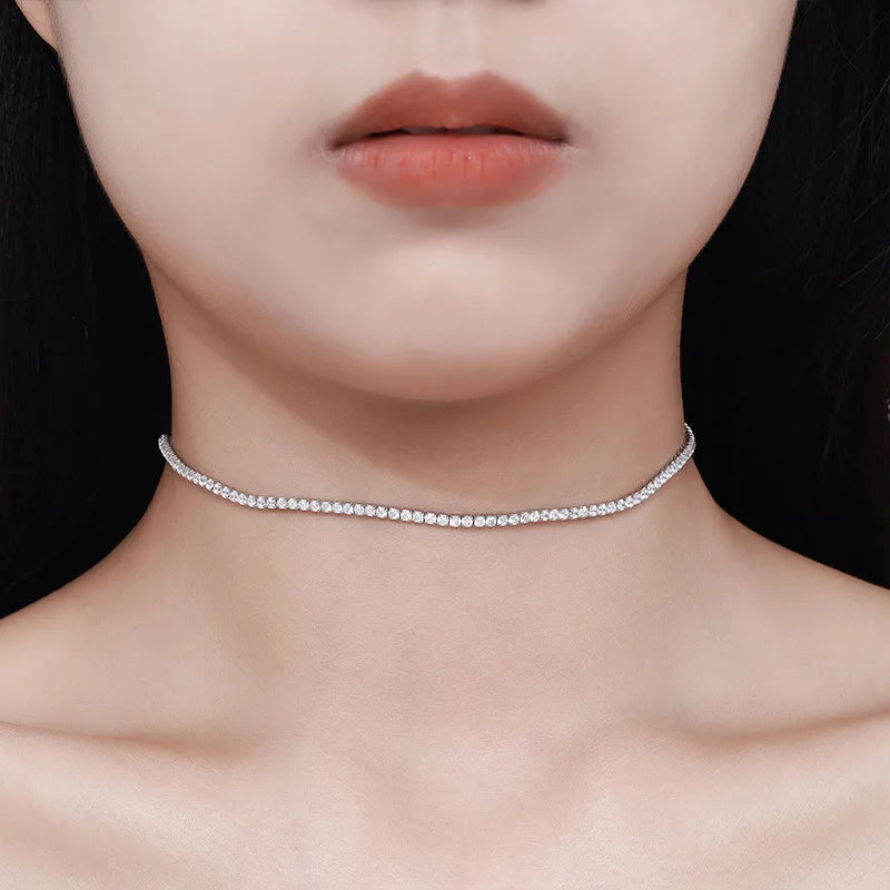 2mm Moissanite Tennis Necklace for Women – S925 Silver, 18K Gold Plated Adjustable Choker Wedding Jewelry