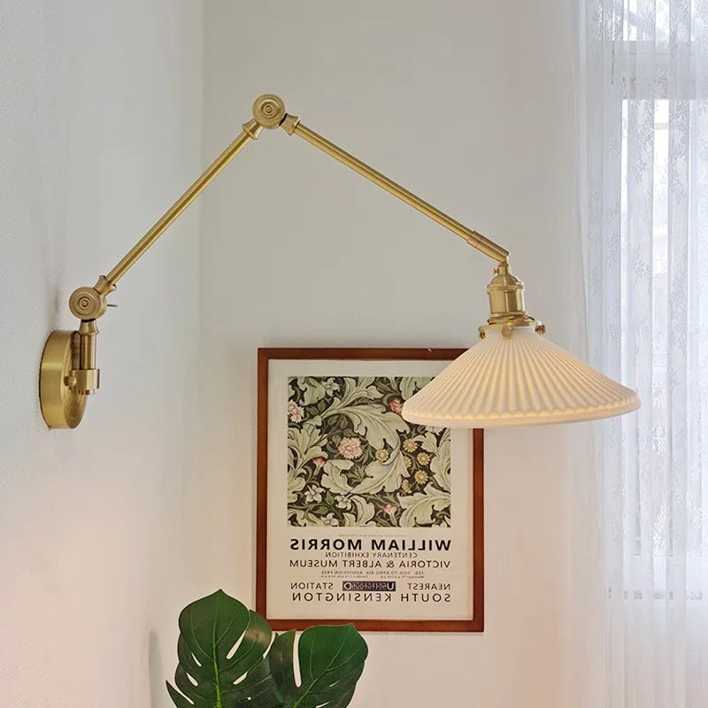 IWHD 2022 Ceramic Copper LED Wall Lamp — Adjustable Swinging Long Arm Light for Bedroom & Living Room