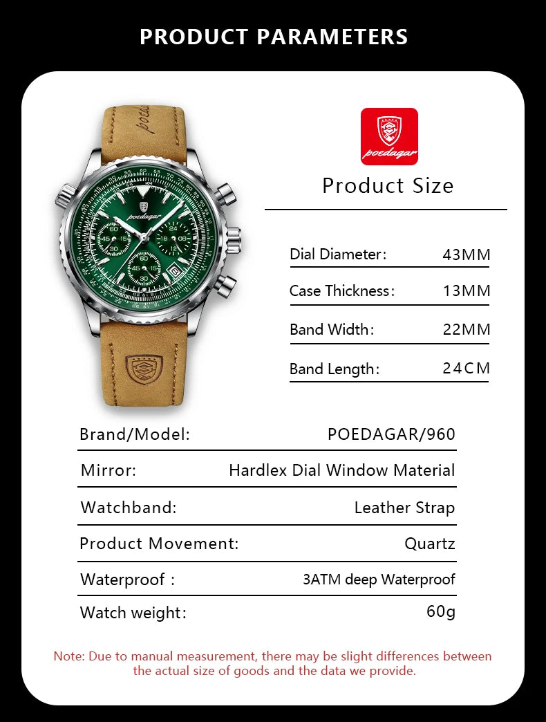 POEDAGAR Luxury Men's Quartz Watch Waterproof Luminous Date Chronograph Leather Military Sports Wristwatch