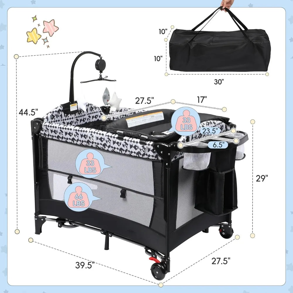 5-in-1 Portable Pack and Play Bassinet — Bedside Sleeper with Diaper Changer, Storage Bag & Music Box