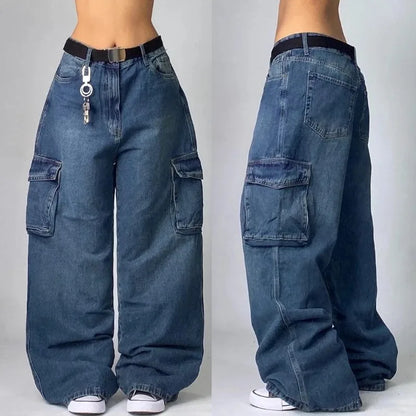 Streetwear Multi-Pocket Baggy Jeans – Y2K Hip-Hop Harajuku High-Waist Wide Pants for Men & Women