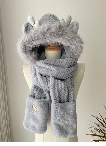 Elk Antler Plush Winter Hat - Warm Ear Protector Scarf & Gloves Set for Women