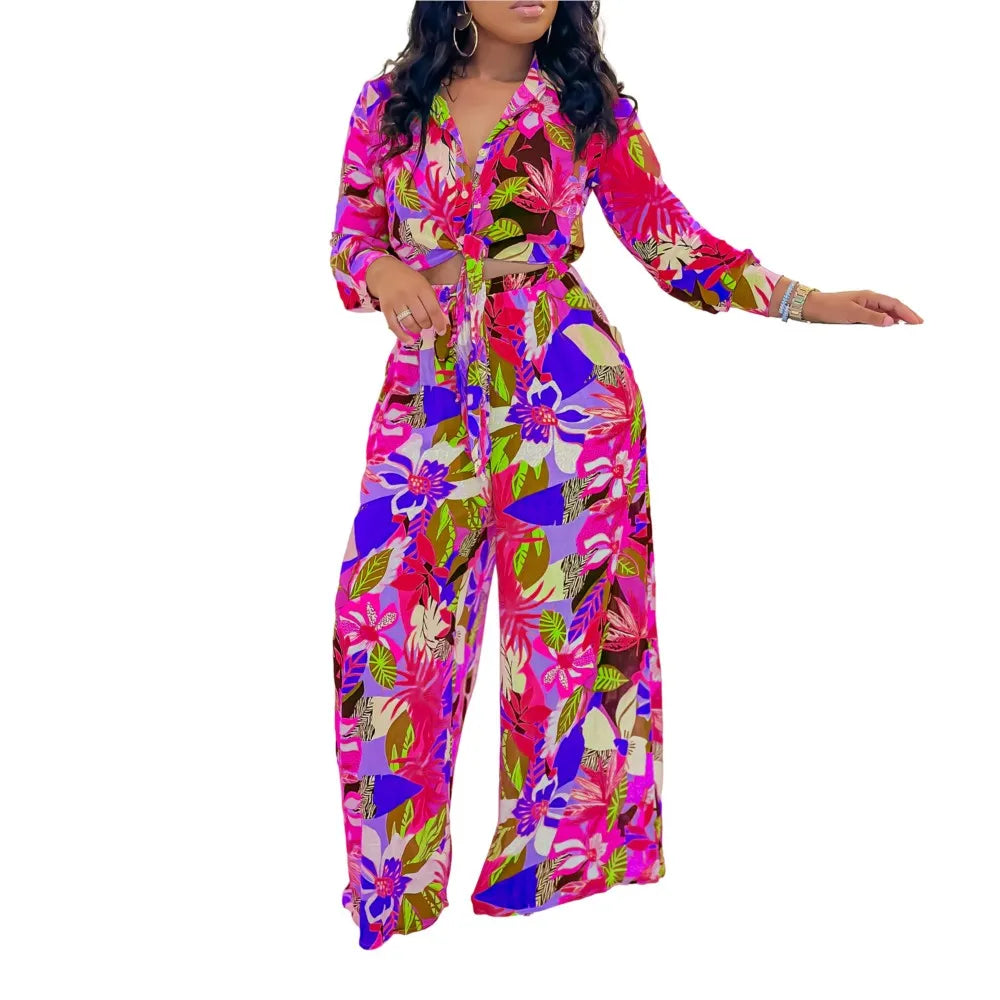 Women’s 2-Piece Spring/Autumn Set – Printed Long Sleeve Lace-Up Shirt & Slim Straight Pants